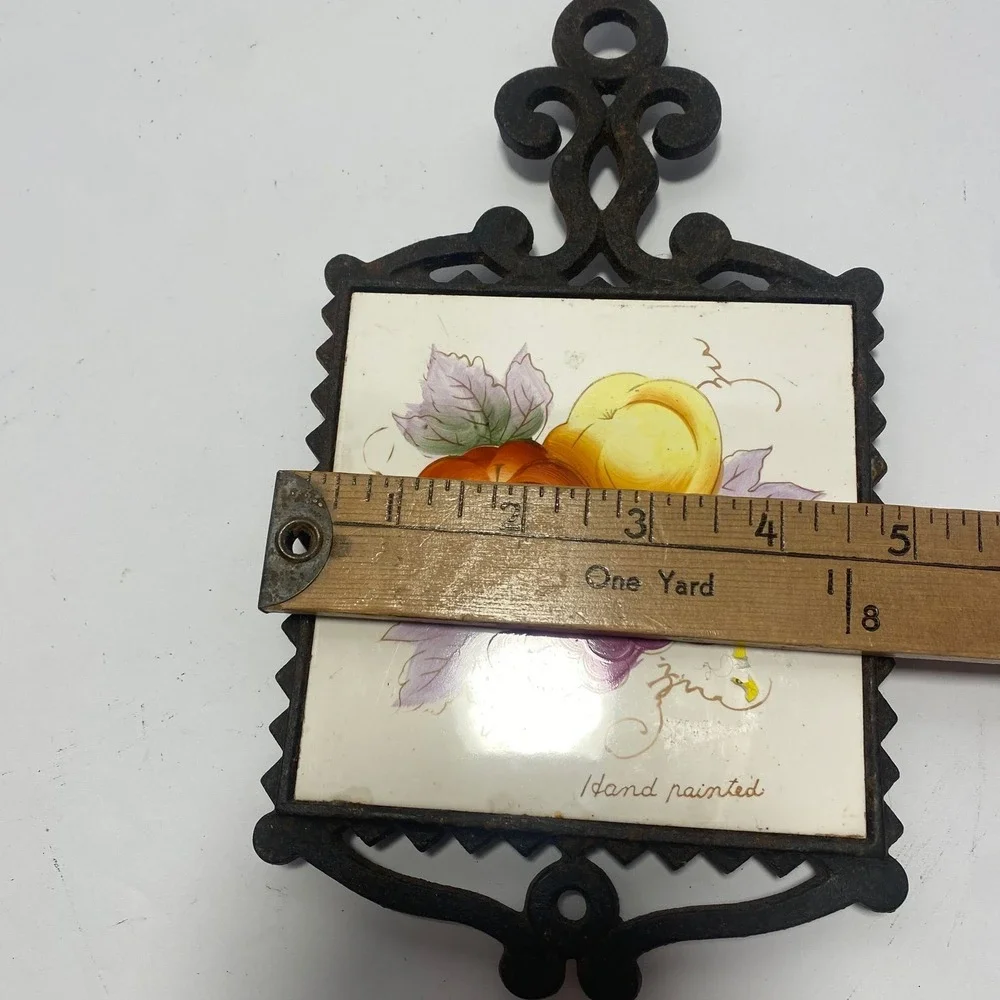 Trivet Kitchen Decor Hand Painted Fruit Cast Iron Tile Apple Pear Grapes